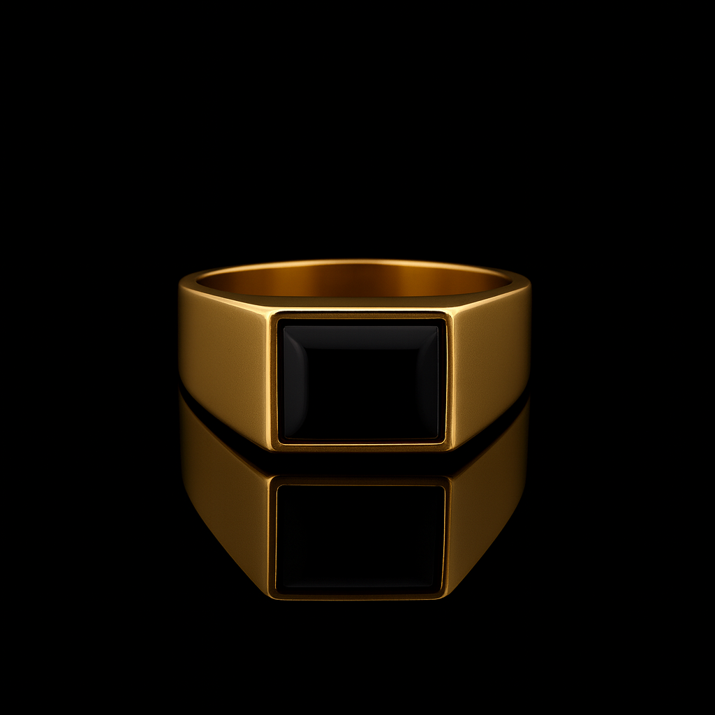 Anillo de sello cuadrado con piedra negra