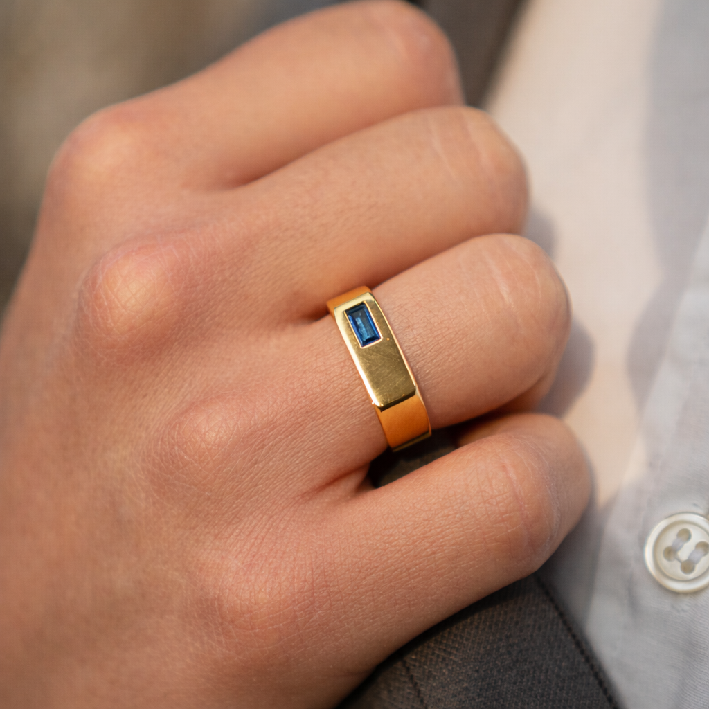 Square Signet Ring with Blue Diamond