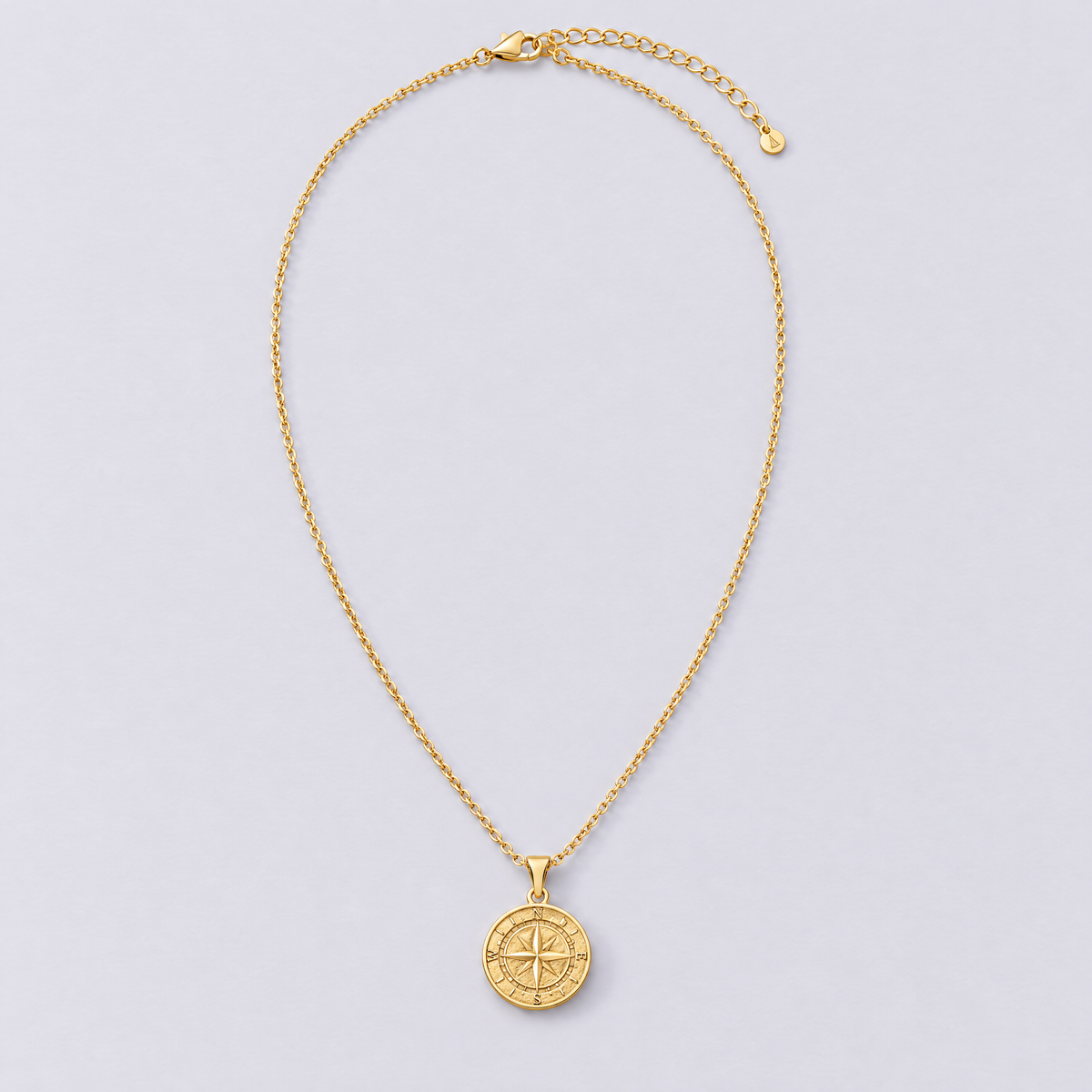 Gold compass necklace full length flat lay