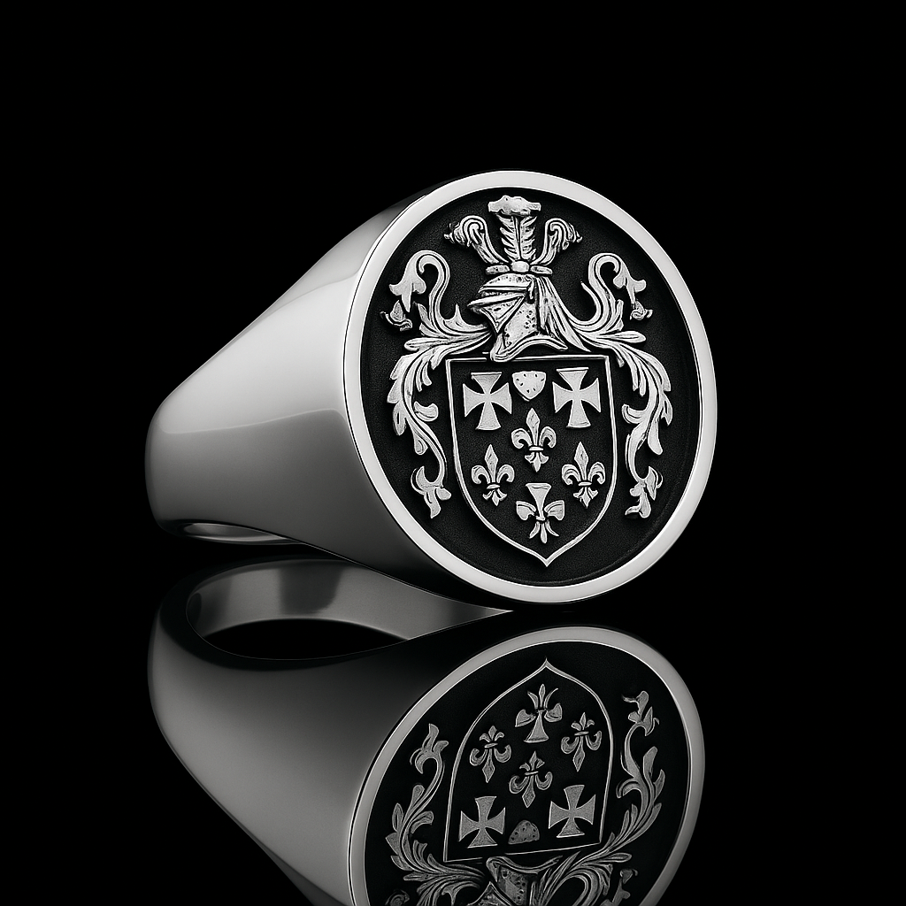 Personalized Coat of Arms Ring with 3D Effect and Black Surface