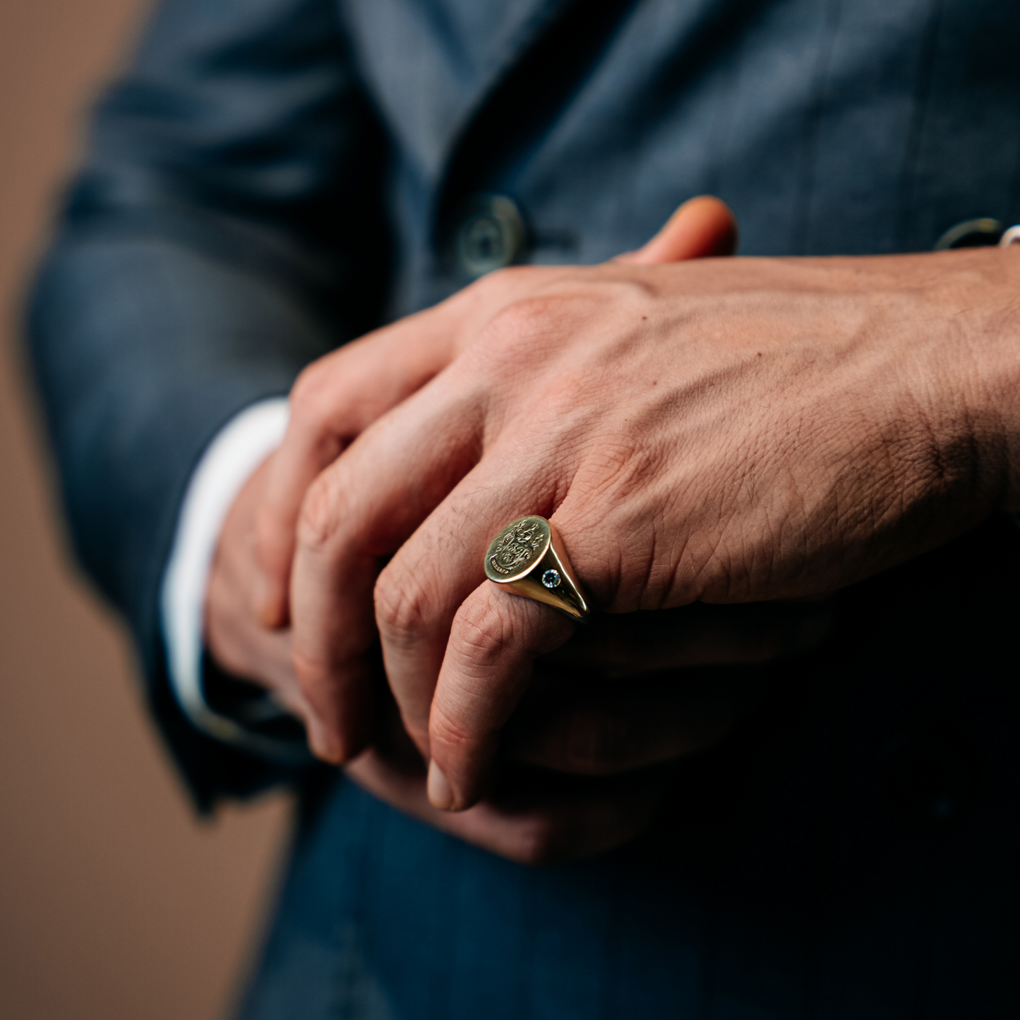 Personalized Solid Gold Coat of Arms Ring with Natural Diamonds