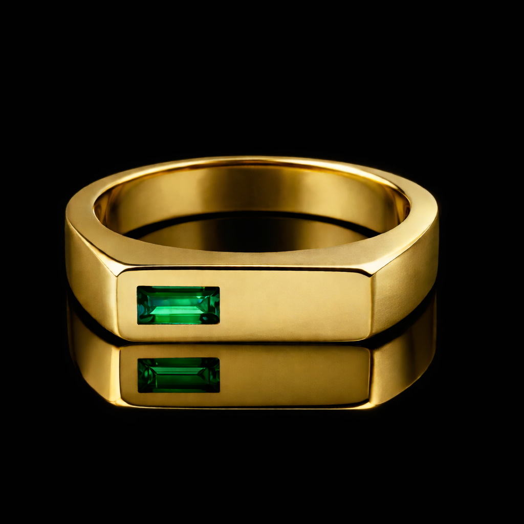 Square Signet Ring with Green Diamond