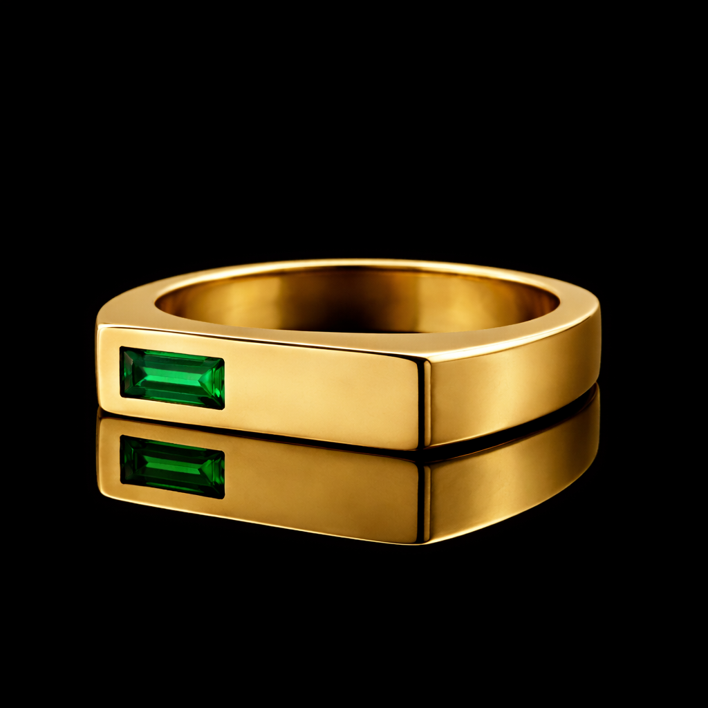 Square Signet Ring with Green Diamond