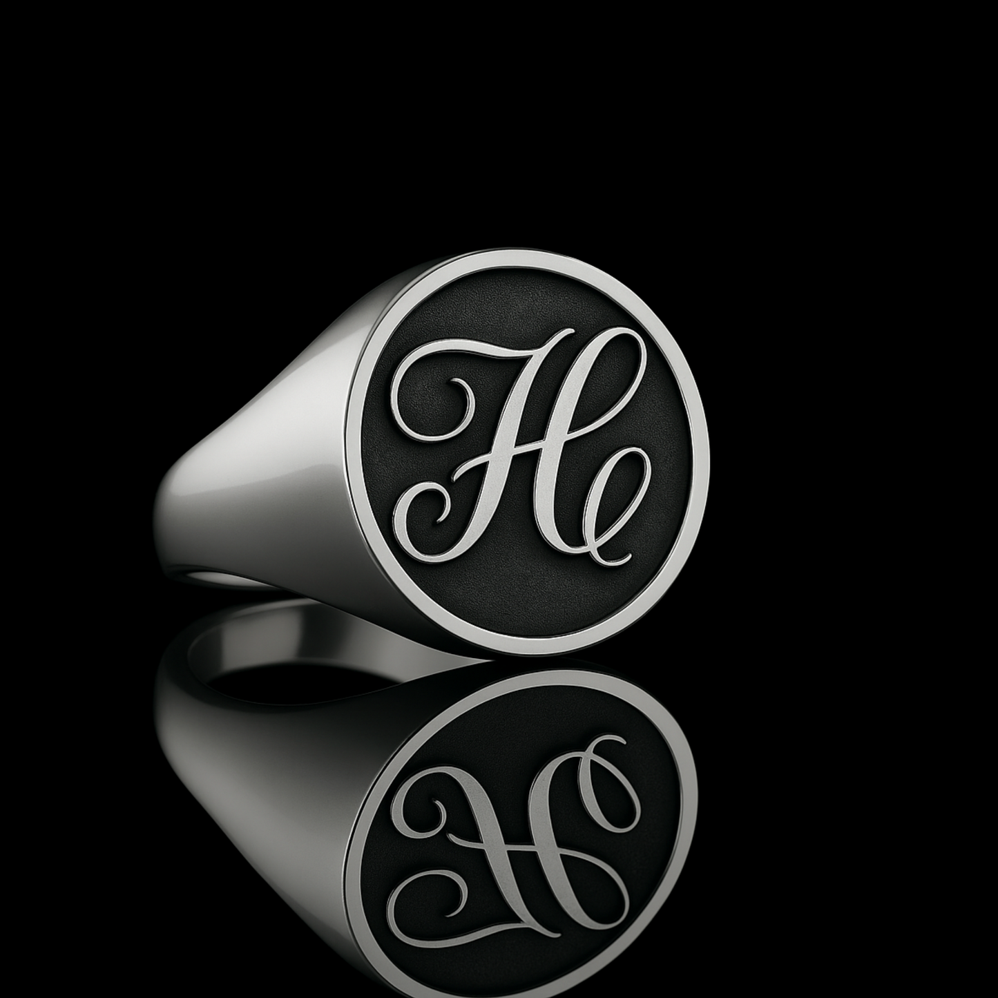 Personalized Signet Ring with Embossed Initials and Black Surface