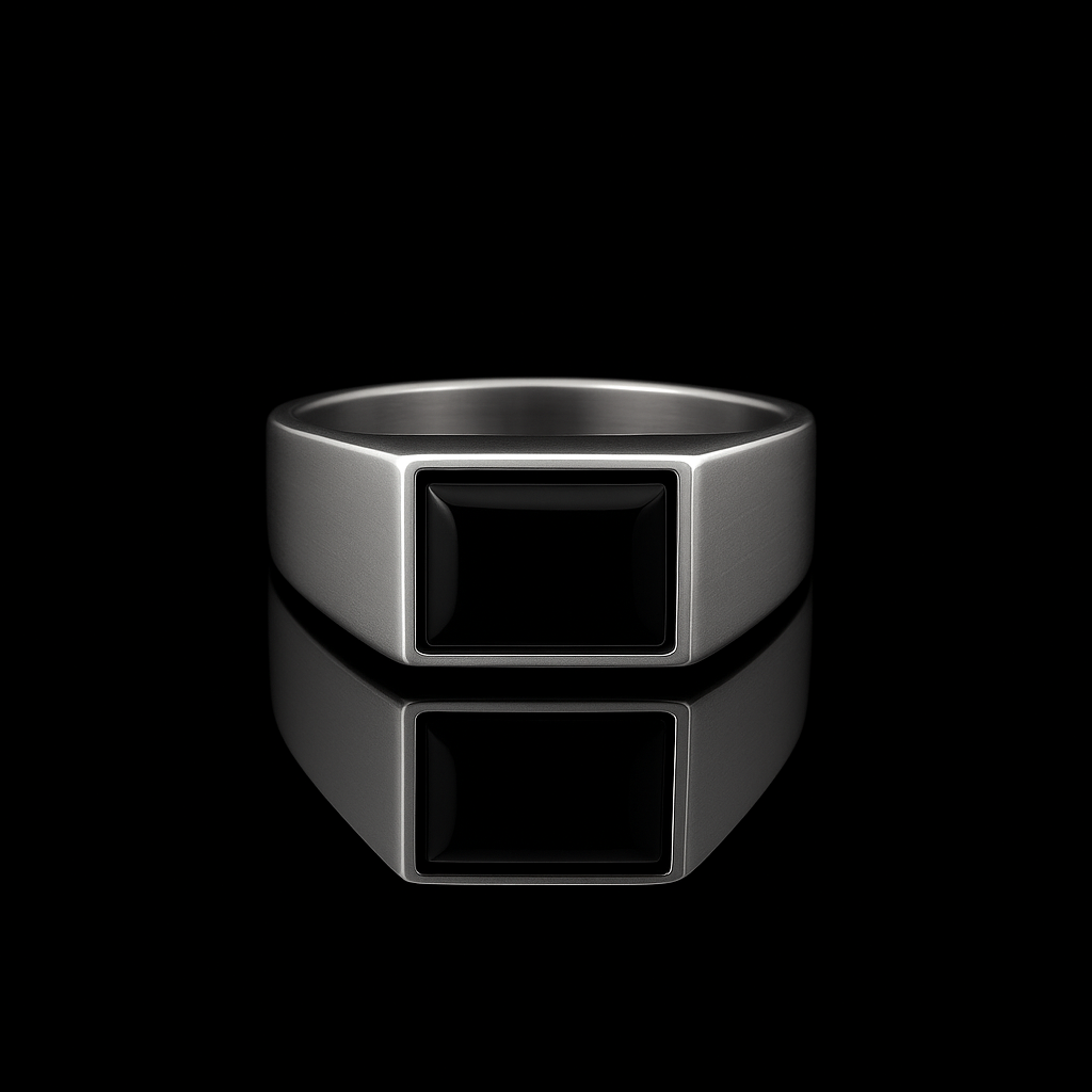 Anillo de sello cuadrado con piedra negra